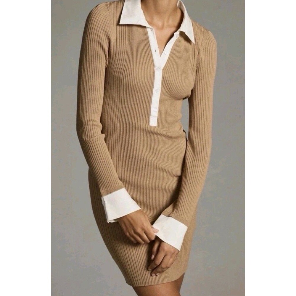 NWT Anthropologie |M| Ribbed Polo Knit Sweater Dress Tan White Collar MSRP $148